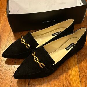 Nine West Suede Black Loafers w/ Gold Buckle